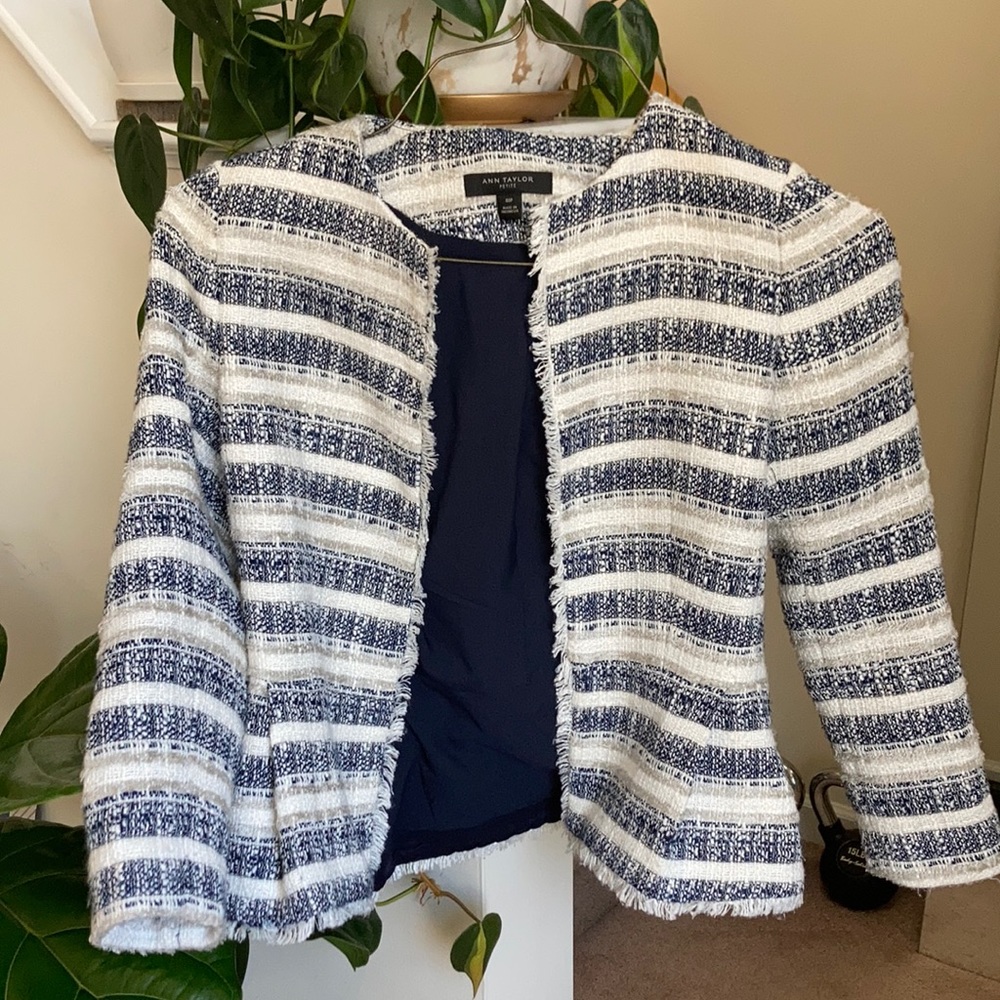Ann Taylor Navy and White Striped Boucle Jacket